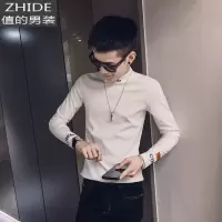 SUNTEK网红刺绣半高领长袖T恤男春季痞帅潮牌炸街精小伙内搭打底小衫T恤