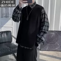 SUNTEK百搭网红潮流宽松开叉设计毛衣背心男生秋季外穿日系黑色马甲外套马甲/背心