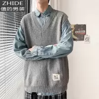 SUNTEKV领针织马甲男港风秋冬韩版潮流大码胖子宽松坎肩贴标毛衣背心男马甲/背心