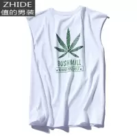 SUNTEK夏日叶子印花无袖T恤男潮牌嘻哈棉健身运动背心韩版坎肩上衣服马甲/背心