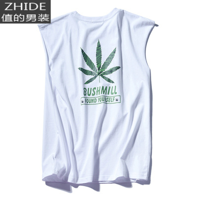 SUNTEK夏日叶子印花无袖T恤男潮牌嘻哈棉健身运动背心韩版坎肩上衣服马甲/背心