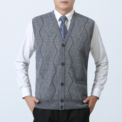 SUNTEK中老年男装加绒加厚背心 爸爸秋冬款针织大码V领宽松开衫坎肩马甲马甲/背心
