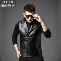 SUNTEK新款加绒男式皮衣翻领男士时尚PU皮马甲外套休闲男装皮夹克潮上衣马甲/背心