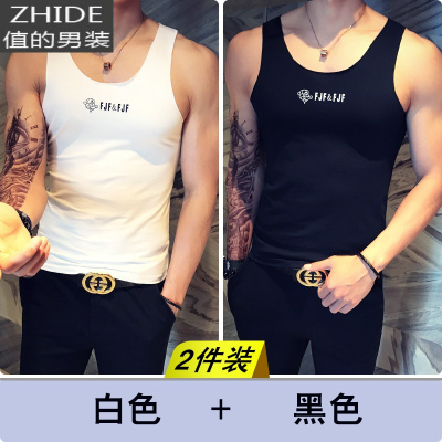 SUNTEK夏季男士坎肩背心修身黑白色汗衫健身运动无袖马甲潮流t恤男棉马甲/背心