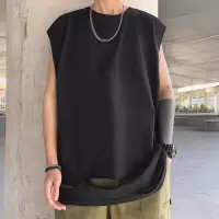 SUNTEK破洞汗背心无袖T恤男加肥加大码潮胖子宽松圆领夏装薄款休闲街头马甲/背心