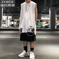 SUNTEK黑暗系颓废风嘻哈欧美高街色叠穿下摆破洞内搭无袖打底背心男女马甲/背心