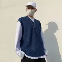 SUNTEK高街风V领针织马甲背心男春季叠穿贴标复古宽松百搭外穿毛衣马夹马甲/背心