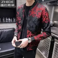 SUNTEK秋季红色花纹夹克修身帅气休闲薄外套中国风男装潮韩版立领棒球服夹克