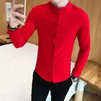 SUNTEK衬衫男中国风长袖亚扣唐装衬衣棉麻色中式复古大码宽松上衣外套衬衫