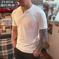 SUNTEK舒爽棉开V筒男士短袖亨利领美式复古硬汉白潮流T恤修身上衣T恤