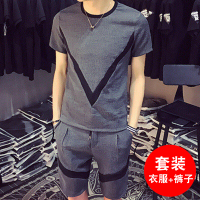 珂卡慕(KEKAMU)2020夏季新款亚麻男士短袖圆领T恤韩版帅气运动两件套装