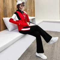 珂卡慕(KEKAMU)套装女春秋新款韩版嘻哈运动服休闲宽松学生卫衣两件套 黑红套装