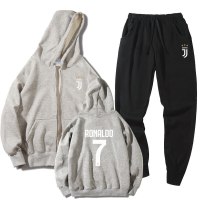 珂卡慕(KEKAMU)C罗足球运动服卫衣尤文图斯球衣外套男士春秋款加绒连帽套头衫保暖长裤训练服套装休闲服一套