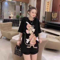 珂卡慕(KEKAMU)中长款2020春夏新款网红重工老鼠短袖T恤女韩版宽松百搭半袖