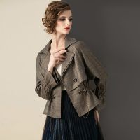 珂卡慕(KEKAMU)小个子风衣女薄款2020新款气质复古外套抽褶收腰修身显瘦双排扣风衣女短款 金棕色