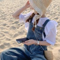 珂卡慕(KEKAMU)牛仔背带裤女 学生牛仔背带裤女2020新款春季高腰减龄宽松学生直筒九分休闲裤子 牛仔蓝