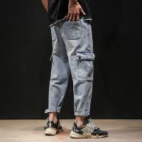 珂卡慕(KEKAMU)工装牛仔裤男夏季2020新款可束脚八分裤加肥加大码工装裤日系潮流哈伦裤 蓝色
