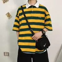 珂卡慕(KEKAMU)短袖衬衫男韩版帅气polo衫潮男士港风时尚翻领短袖T恤潮流帅气条纹五分袖