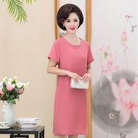 珂卡慕(KEKAMU)30-40-50岁妈妈夏天中老年夏装印花短袖圆领宽松中长款连衣裙纯色大码妈妈装打底裙子