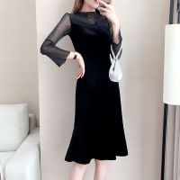 珂卡慕(KEKAMU)大码礼服女胖mm女装洋气鱼尾裙春秋装2020新款金丝绒礼服宴会气质连衣裙 黑色