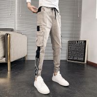珂卡慕(KEKAMU)春季裤子男学生2020春装新款潮男拼色小脚休闲裤网红潮牌潮流社会小伙裤子哈伦裤 卡其色