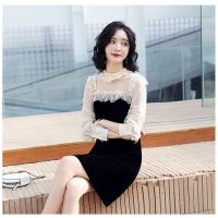 珂卡慕(KEKAMU)金丝绒连衣裙中长款2020春装新款气质优雅大码显瘦网纱拼接蕾丝假两件裙子 黑色