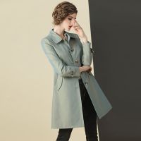 珂卡慕(KEKAMU)风衣女中长款20202020春装新款单排扣衬衫式外套简约气质纯色修身中长款风衣女 香脂绿