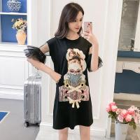 珂卡慕(KEKAMU)大码遮肚连衣裙减龄短袖夏季蕾丝边拼接时尚亮片喇叭袖网纱胖MM裙