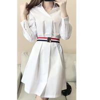 珂卡慕(KEKAMU)衬衫裙女中长款复古气质V领白色七分袖新款中长女时尚舒适气质收腰显瘦打底连衣裙