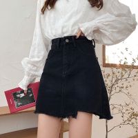 珂卡慕(KEKAMU)洋气牛仔半身裙女春秋韩版潮流2020新款不规则小众高腰显瘦毛边女学生 黑色