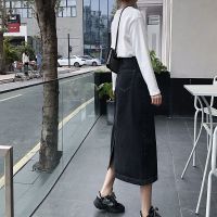 珂卡慕(KEKAMU)洋气牛仔半身裙女高腰2020春装新款韩版cec中长款深蓝色学生a字开叉半身裙 深蓝色