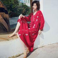 珂卡慕(KEKAMU)棉麻绣花连衣裙春秋季云南丽江旅游穿搭女装长袖绣花民族风棉麻连衣裙波西米亚长裙