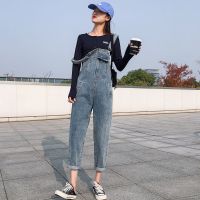 珂卡慕(KEKAMU)春天穿的裤子牛仔背带裤女韩版宽松直筒网红2020春秋小个子学生百搭八分裤 蓝色