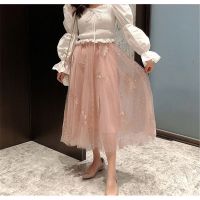 珂卡慕(KEKAMU)2020春季新款刺绣网纱半身裙女高腰大码显瘦休闲百搭中长款a字裙仙女纱裙子 白色 均码