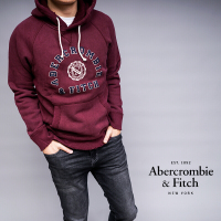 珂卡慕(KEKAMU)清仓特价美国Abercrombie Fitch男af磨破抓绒连帽套头卫衣 厚款酒红色 做旧磨破