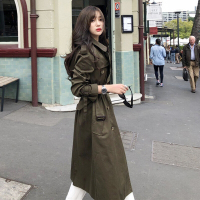 珂卡慕(KEKAMU)2020流行风衣女风POL翻领开衩长款工装外套女收腰双排扣腰带