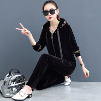 珂卡慕(KEKAMU)2020新款休闲时尚金丝绒运动套装卫衣女春秋薄款大码天鹅绒两件套