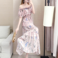 珂卡慕(KEKAMU)初秋一字肩连衣裙女装2020年夏季新款超仙森系甜美流行雪纺长裙子