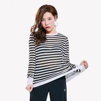 珂卡慕(KEKAMU)针织条纹T恤女士长袖速干衣圆领薄款宽松透气运动休闲时尚