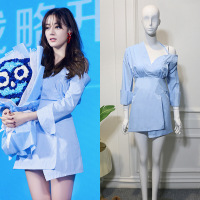 珂卡慕(KEKAMU)2020秋衣服蓝色高腰显瘦露肩不规则a字衬衫连衣裙女 露肩衬衣裙(AF10007)