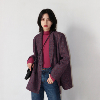 珂卡慕(KEKAMU)千鸟格西装外套女复古显瘦双排扣2020早春新款后开叉上衣女式