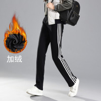 珂卡慕(KEKAMU)三条白杠裤子运动裤女春秋棉长裤宽松显瘦休闲裤经典大码黑色运动卫裤
