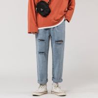 珂卡慕(KEKAMU)小魔怪g5g6乞丐裤男大洞春季潮牌破洞牛仔裤宽松直筒ins潮 流加肥加大码学生休闲男生男式 蓝色