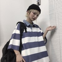 珂卡慕(KEKAMU)男生plol衫男港风ins条纹短袖T恤夏季潮牌polo衫韩版潮流宽松半袖百搭五分袖男式 条纹