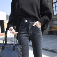 珂卡慕(KEKAMU)女士女生小脚牛仔裤女春款2020灰蓝色显瘦薄绒高腰弹力加绒外穿紧身裤女式