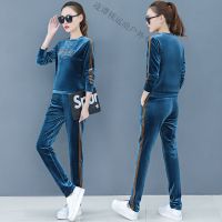 珂卡慕(KEKAMU)设计师品牌女装 潮牌春装金丝绒运动套装女春装2020新款圆领显瘦长袖字母绣花简约休闲套装