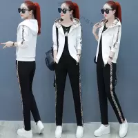 珂卡慕(KEKAMU)设计师品牌女装 潮牌女装春装装女2020新款运动套装连帽时尚大码休闲服跑步三件套
