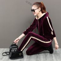 珂卡慕(KEKAMU)设计师品牌女装 潮牌春装加绒加厚休闲运动套装女2020春季新款宽松连帽金丝绒卫衣两件套潮