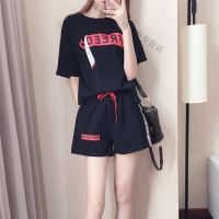 珂卡慕(KEKAMU)设计师品牌女装 潮牌女装春装休闲运动套装女夏2020新款韩版时尚短袖大码短裤跑步两件套潮 黑色