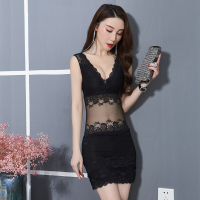 珂卡慕(KEKAMU)性感蕾丝连衣裙新款v领低胸透视气质修身包臀裙女装夏